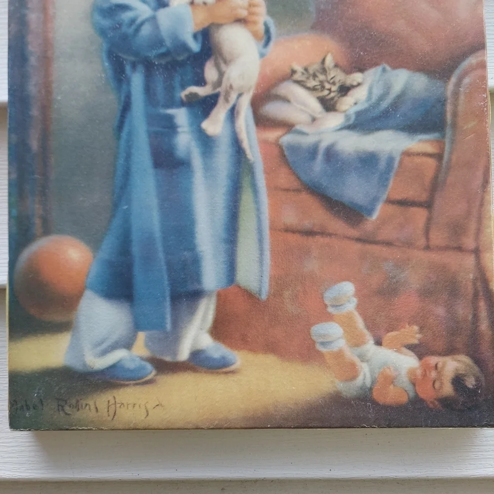 Mabel Rollins Harris, Framed Art. Girl, Doll, Bird House, Robins, Print Home Vin